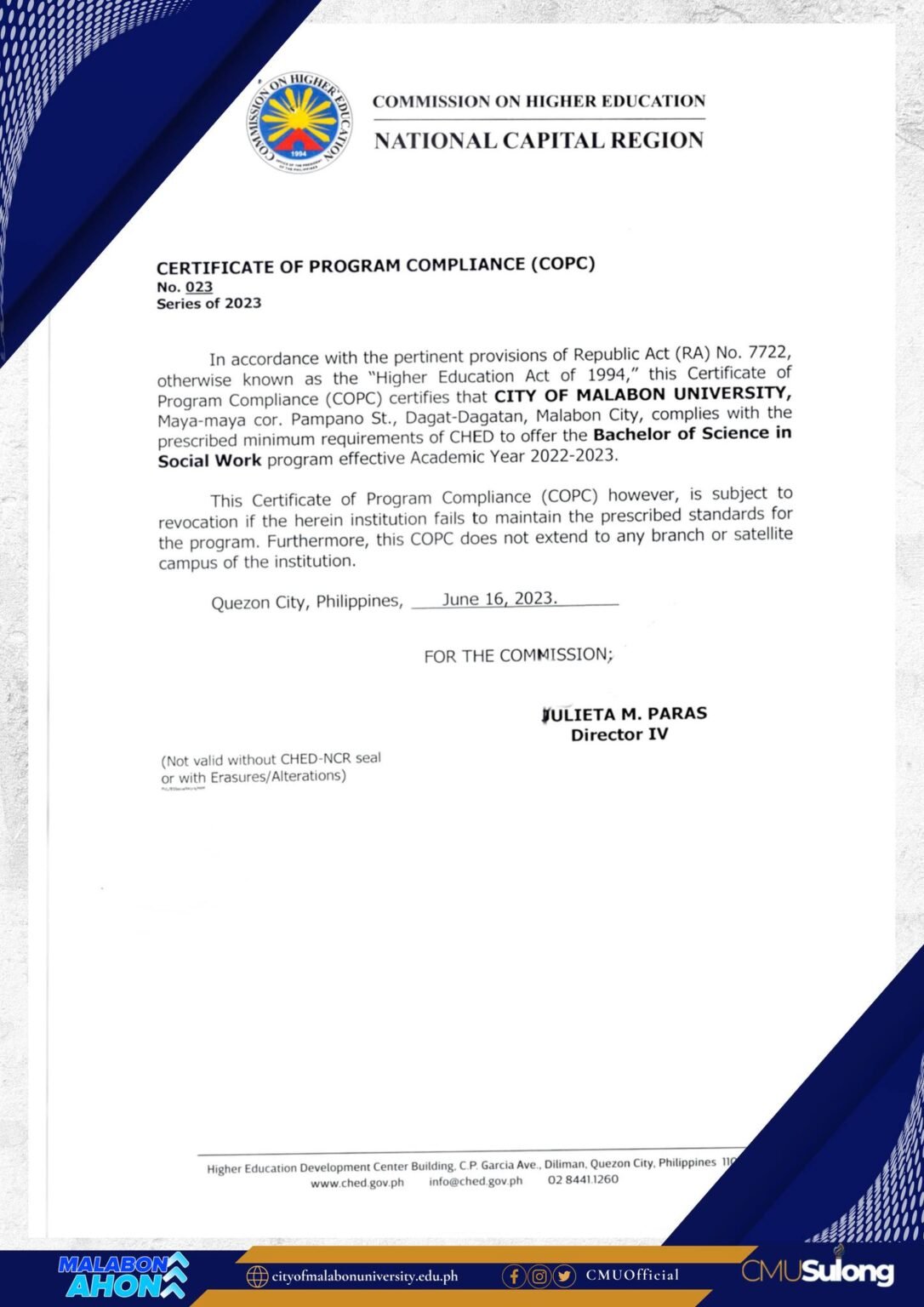 The City Of Malabon University Has Been Awarded The Certificate Of 