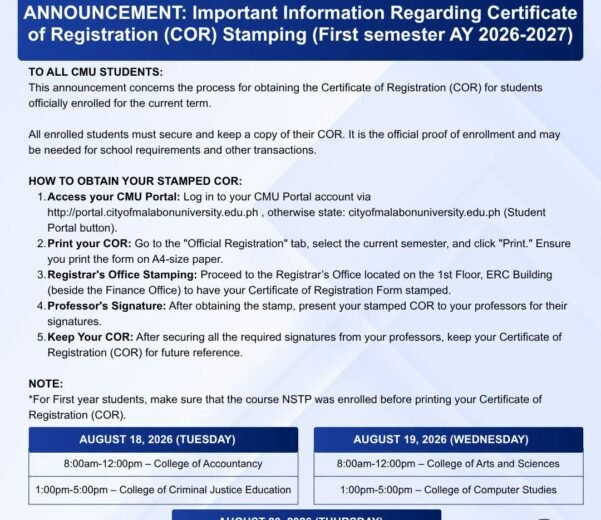 ANNOUNCEMENT: Important Information Regarding Certificate of Registration (COR) Stamping (First semester AY 2026-2027)