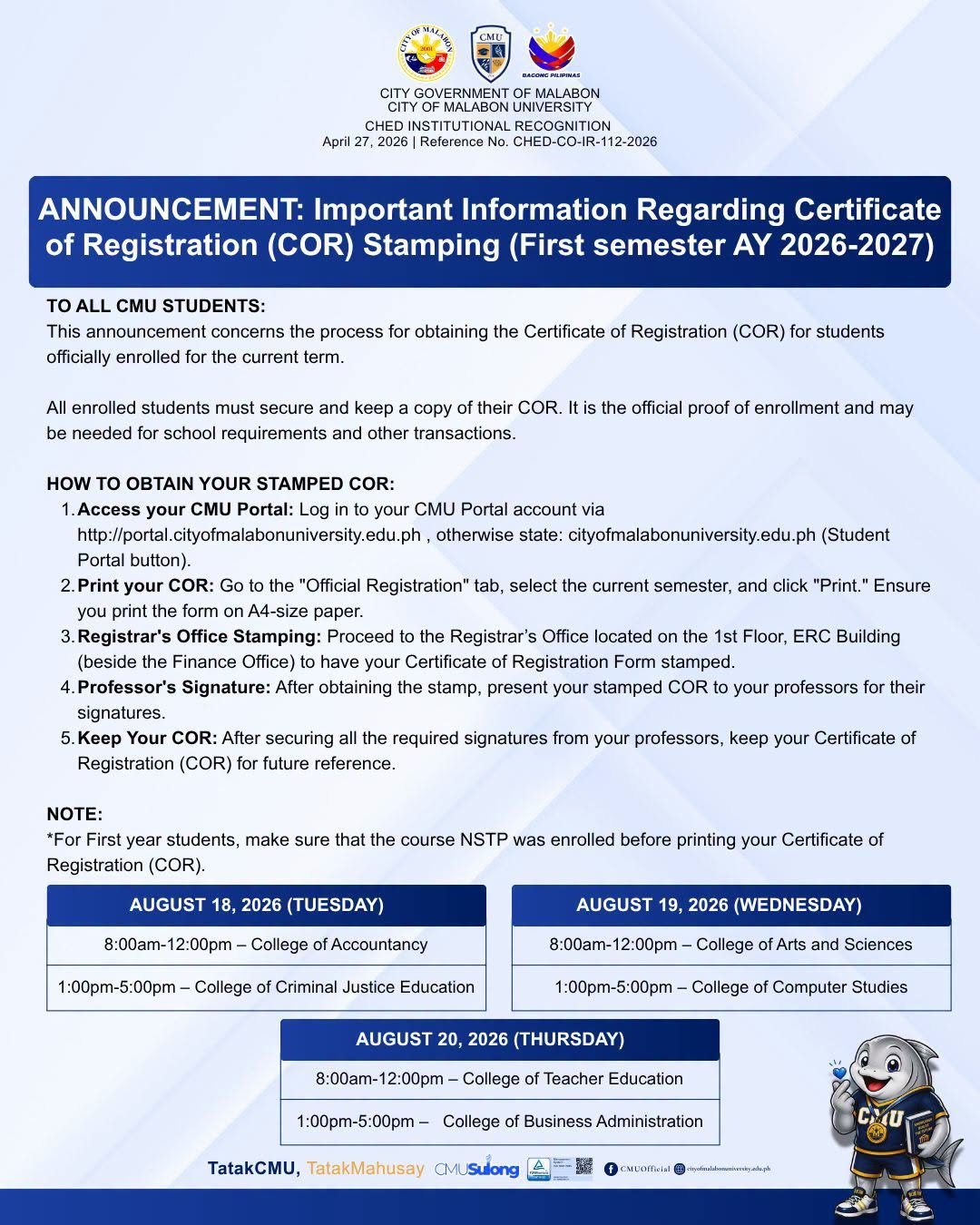 ANNOUNCEMENT: Important Information Regarding Certificate of Registration (COR) Stamping (First semester AY 2026-2027)