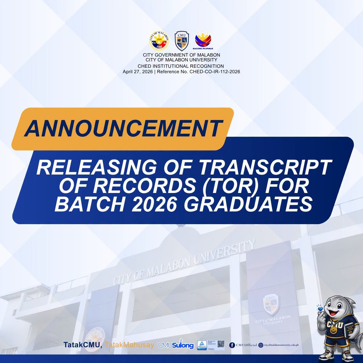 ANNOUNCEMENT- Releasing of Transcript of Records (TOR) for Batch 2026 Graduates