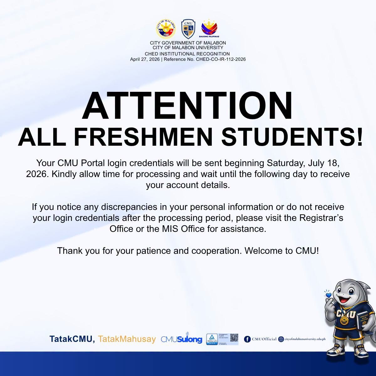 Announcement for CMU Portal Login Credentials