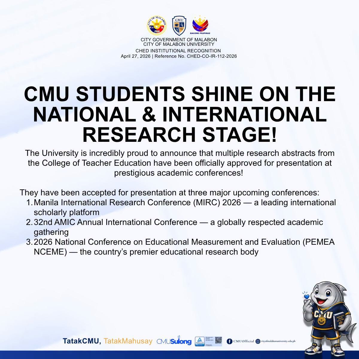 CMU STUDENTS SHINE ON THE NATIONAL & INTERNATIONAL RESEARCH STAGE!