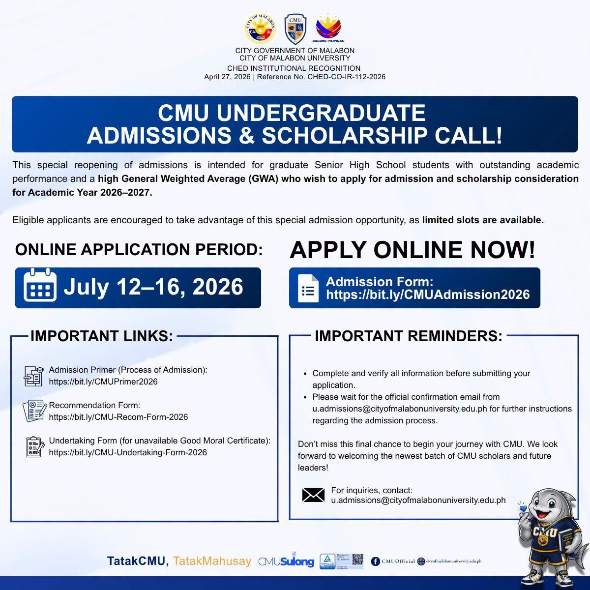 CMU Undergraduate Admissions & Scholarship Call!