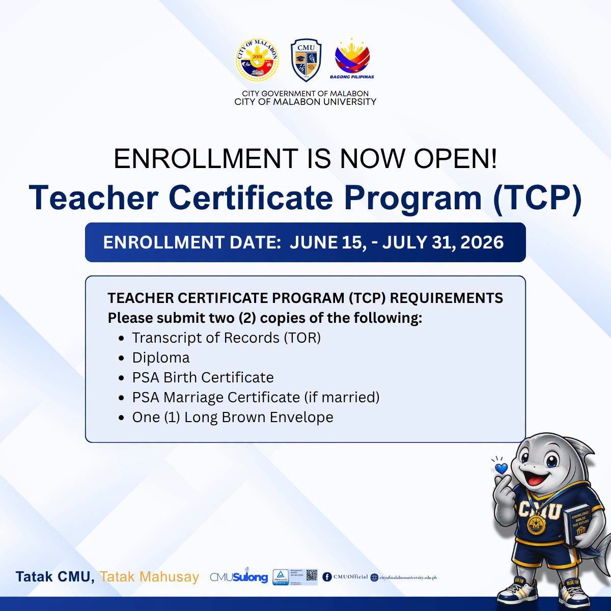CMU’s Teacher Certificate Program (TCP) IS NOW OPEN FOR ENROLLMENT!!!