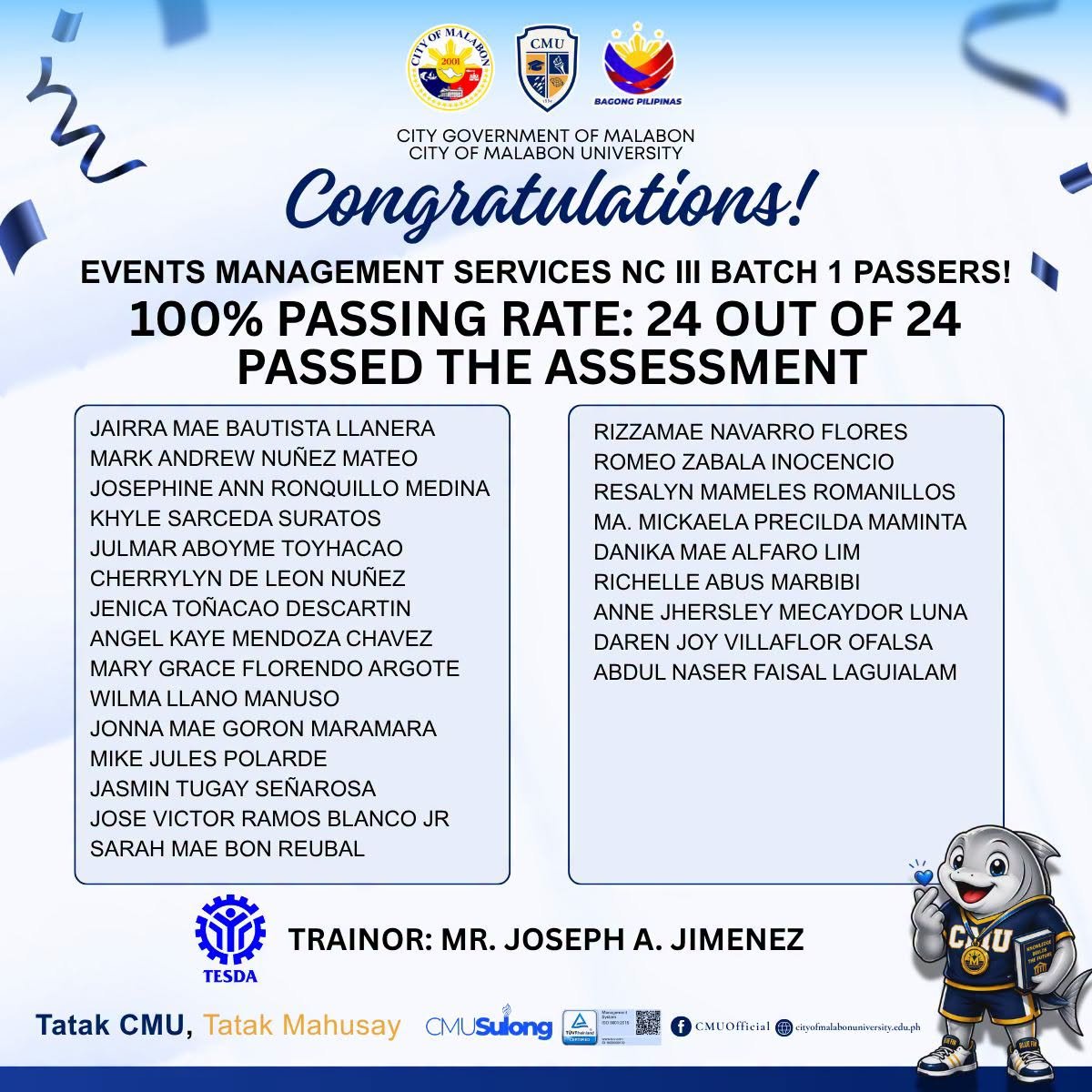 Congratulations, Events Management Services NC III Batch 1 Passers!