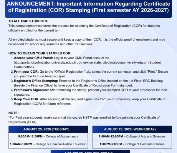 Important Information Regarding Certificate of Registration (COR) Stamping (First semester AY 2026-2027)
