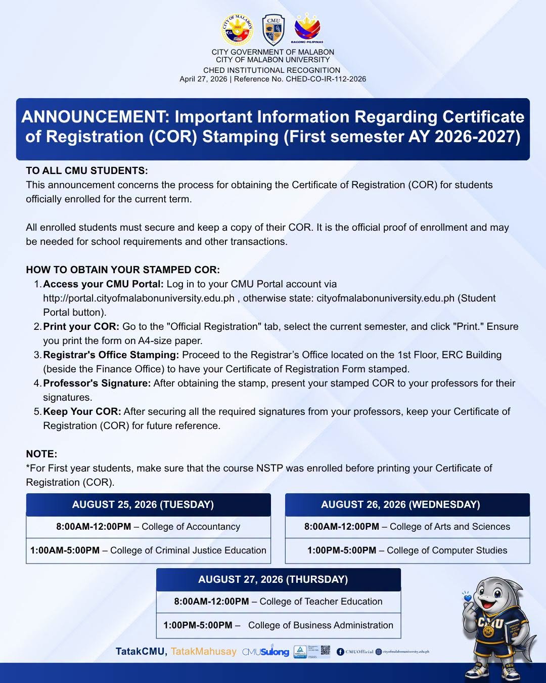 Important Information Regarding Certificate of Registration (COR) Stamping (First semester AY 2026-2027)
