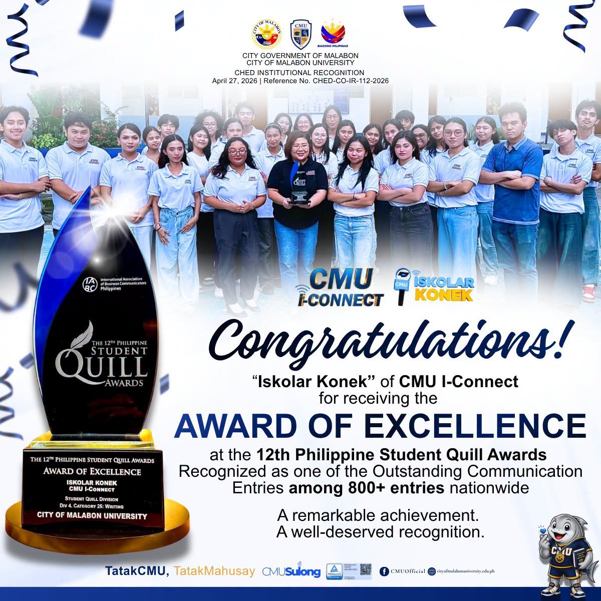Iskolar Konek of CMU I-Connect was chosen at as one of the outstanding Communication entries at 12th Philippine Student Quill Awards