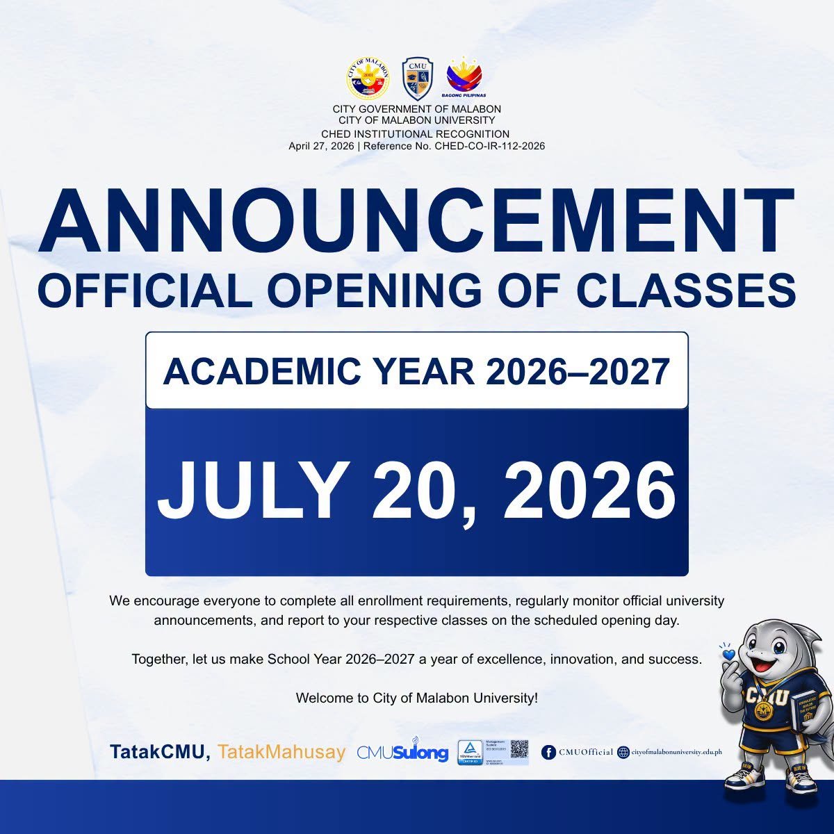 Official Opening of Classes Academic Year 2026–2027