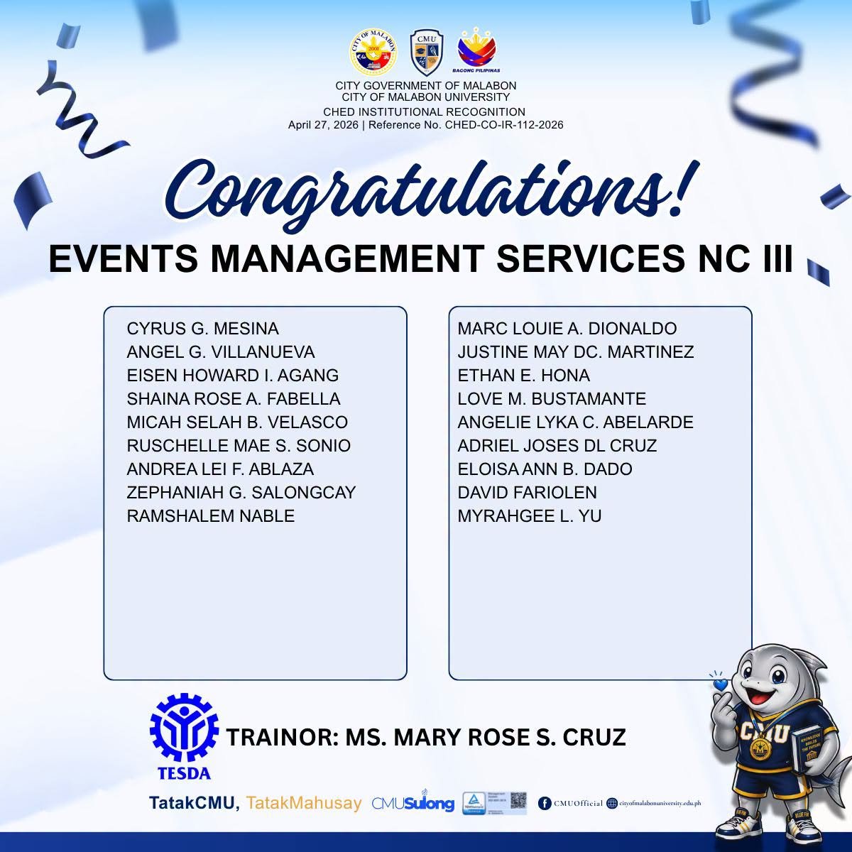 Passers for Events Management Services NC III – Batch 2!