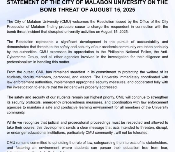 STATEMENT OF THE CITY OF MALABON UNIVERSITY ON THE BOMB THREAT OF AUGUST 15, 2025
