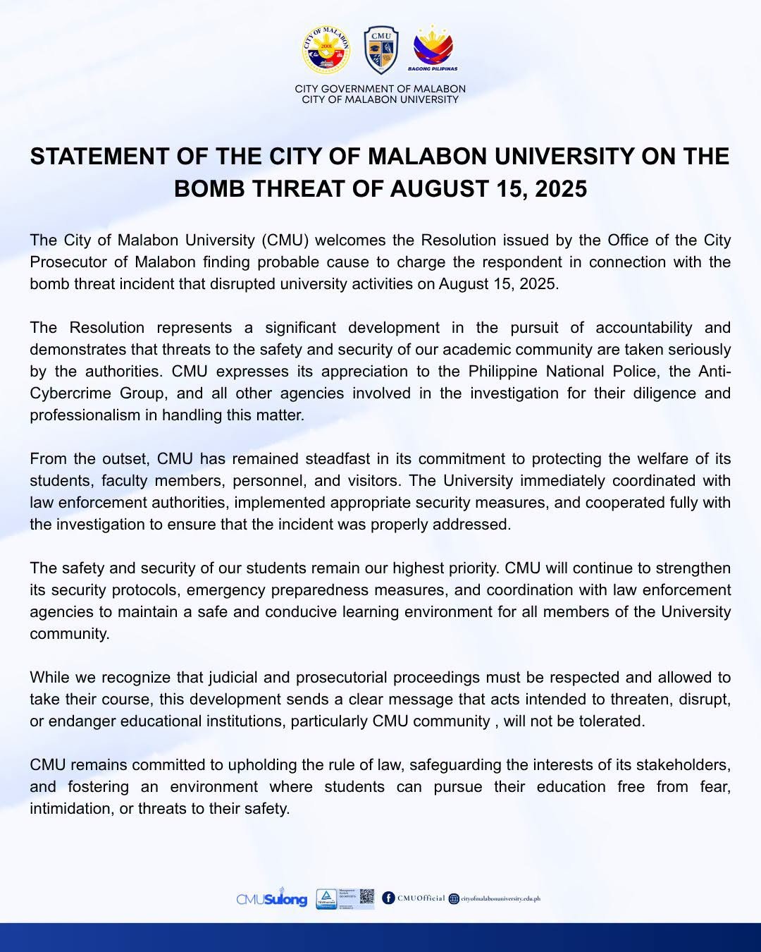 STATEMENT OF THE CITY OF MALABON UNIVERSITY ON THE BOMB THREAT OF AUGUST 15, 2025