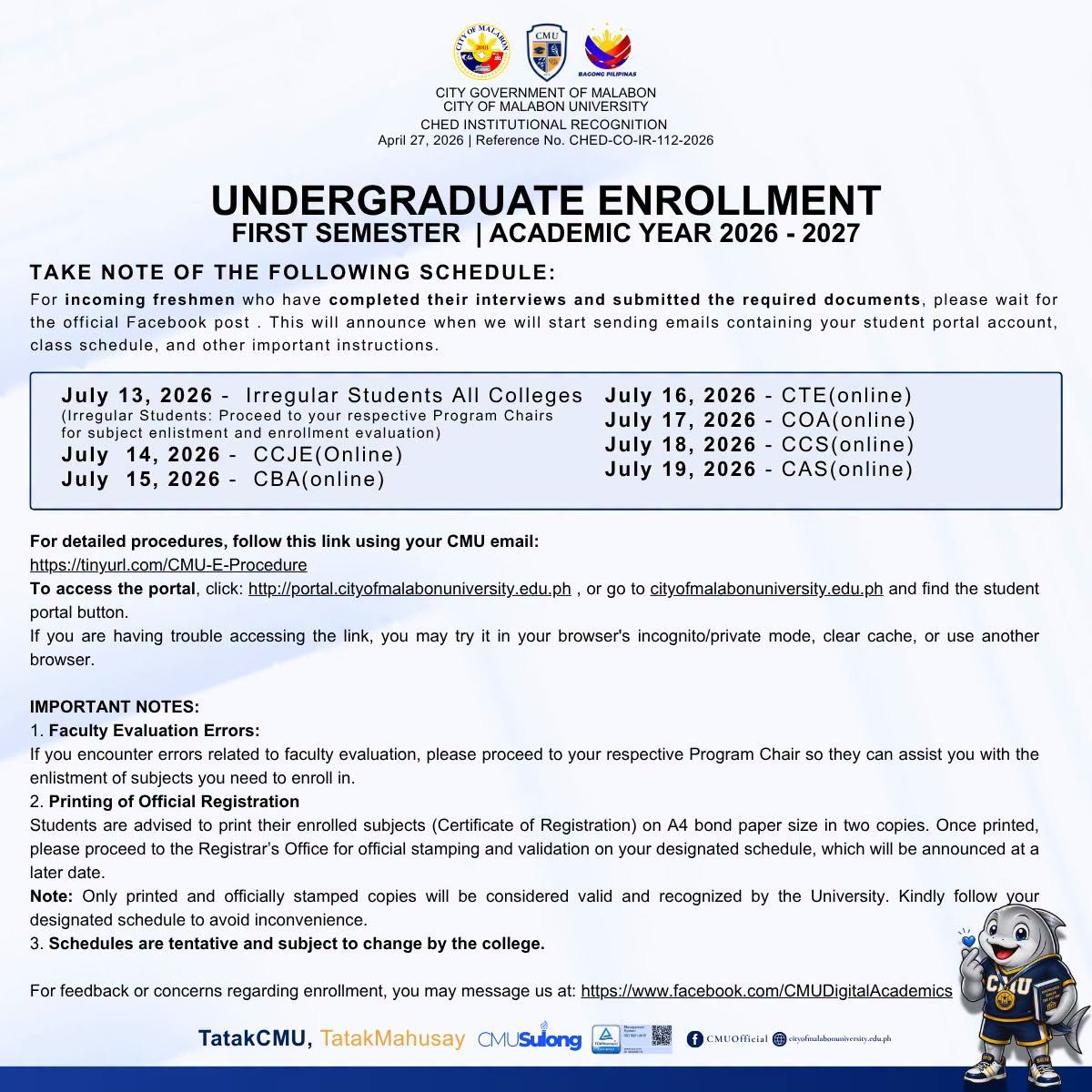UNDERGRADUATE ENROLLMENT FIRST SEMESTER - ACADEMIC YEAR 2026 - 2027