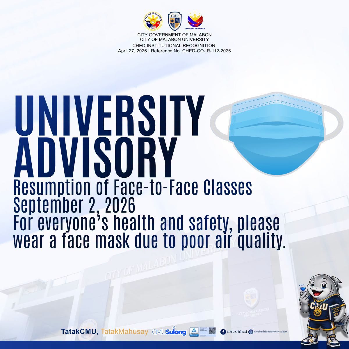 UNIVERSITY ADVISORY - RESUMPTION OF FACE-TO-FACE CLASSES