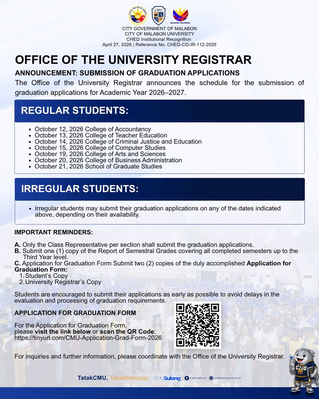 Attention, graduating students of City of Malabon University
