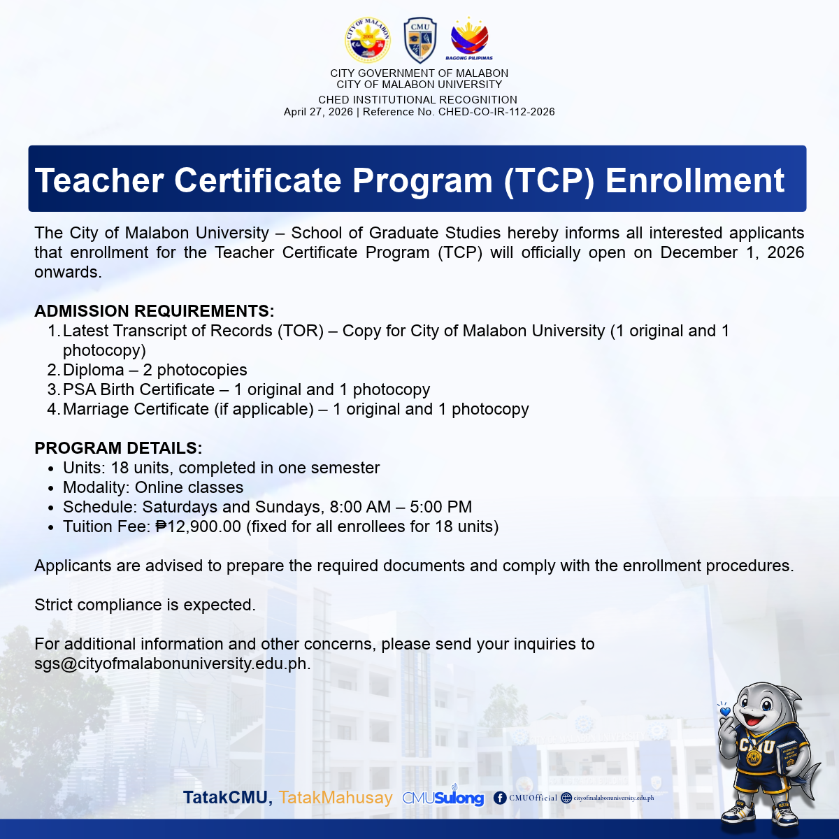 CMU Teacher Certificate Program (TCP) Enrollment
